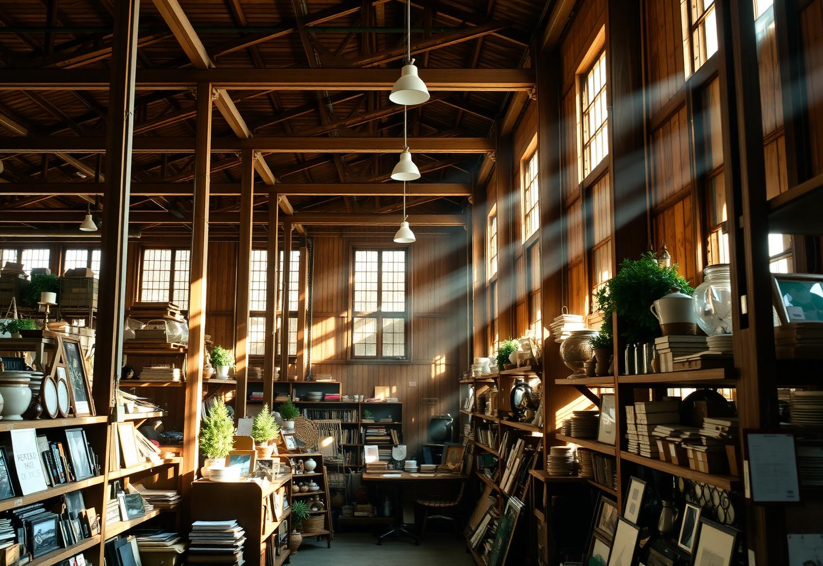 Warm warehouse interior with shelves of finds